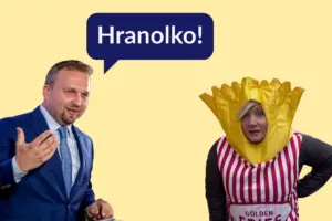 Koláž Jurečky vykřikujícího "Hranolko" na Schillerovou v kostýmu