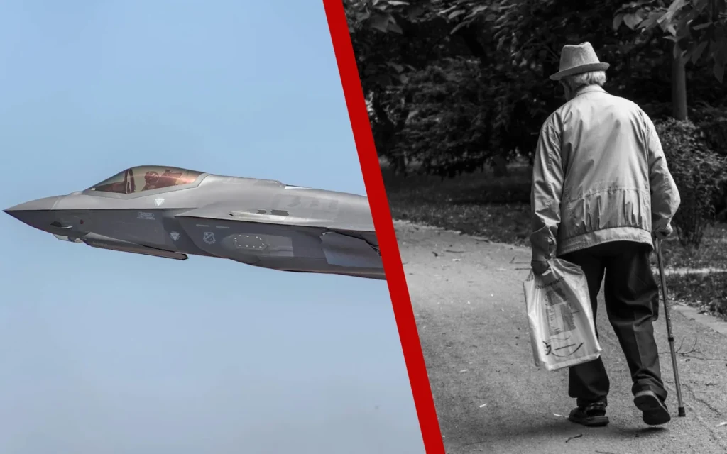 Koláž F-35 a důchodce