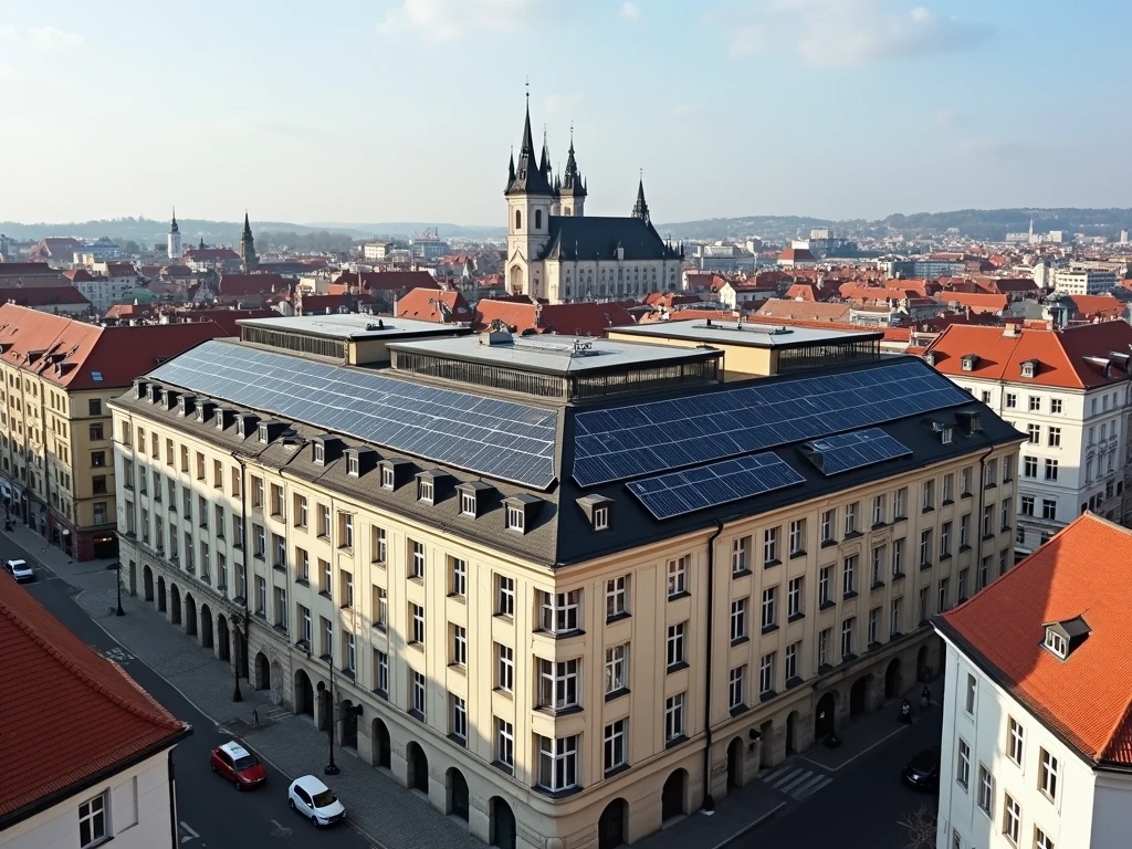 Budova se solárními panely na střeše v centru města