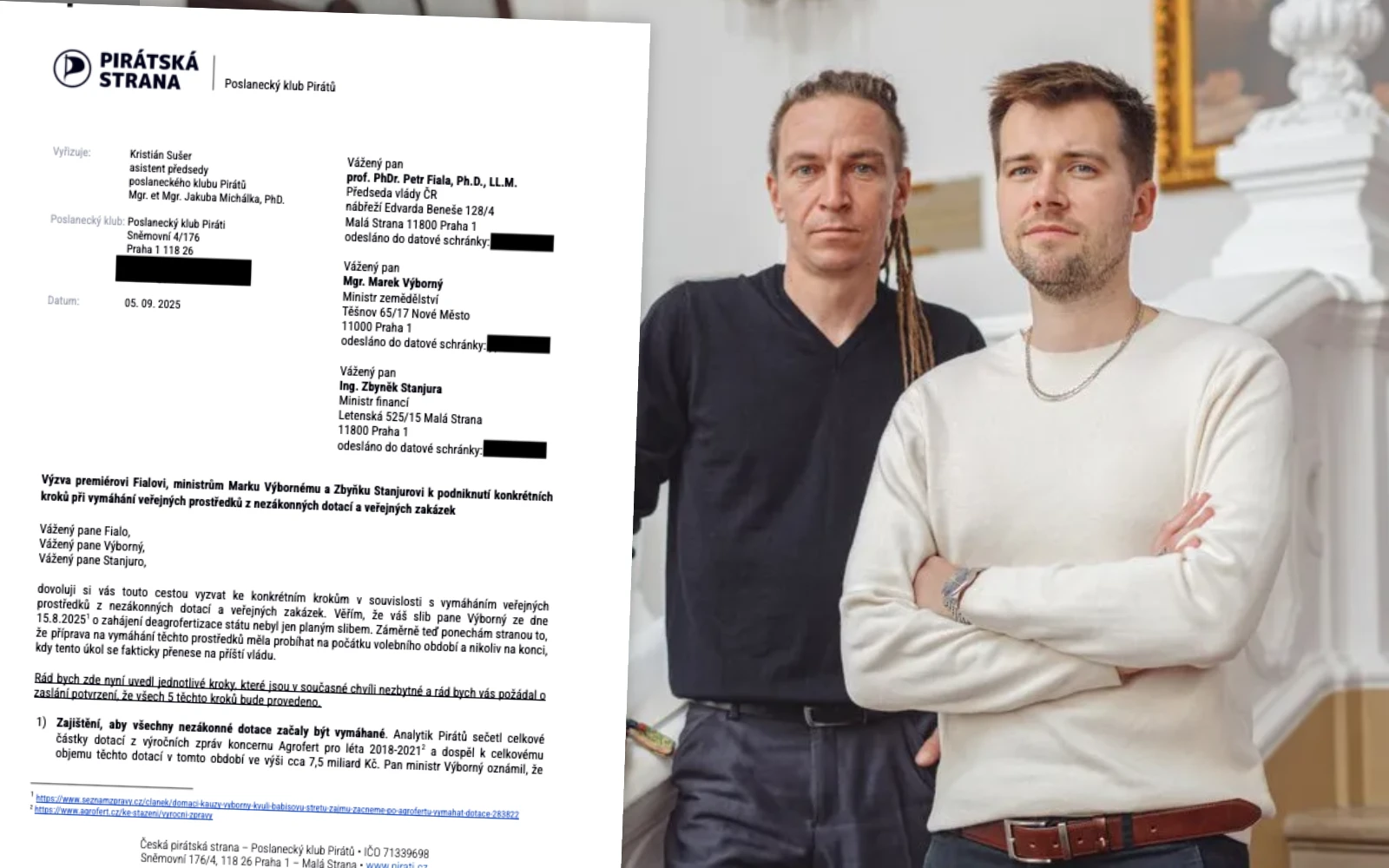 Piráti dopis ministru vymáhání dotací