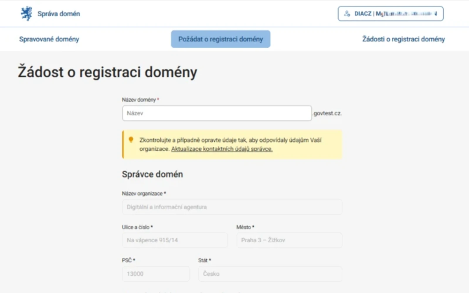 DIA samooblužný portál domény GOV