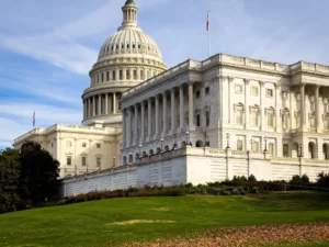 Malebný pohled na budovu Kapitolu USA ve Washingtonu DC, pod jasnou oblohou.