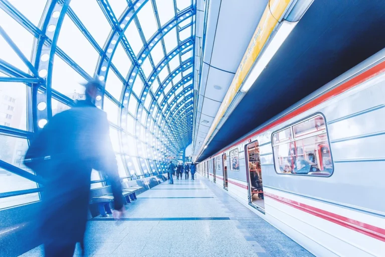 city, people, underground, metro, transport, transfer, traffic, transportation, prague, czech, business, man, motion, lights, station, train, stop, architecture